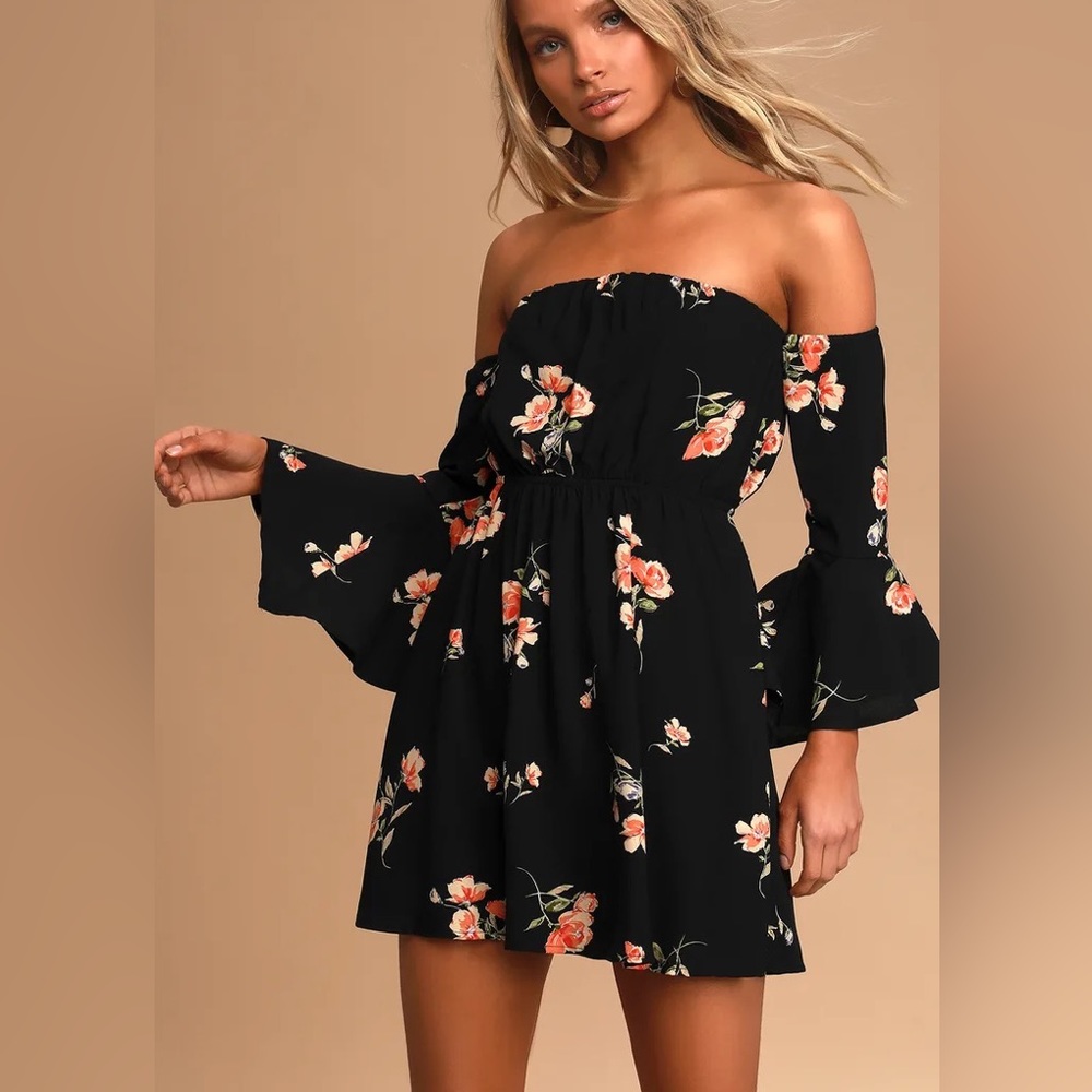 Lush Gardens Black Floral Print off-shoulder mini dress